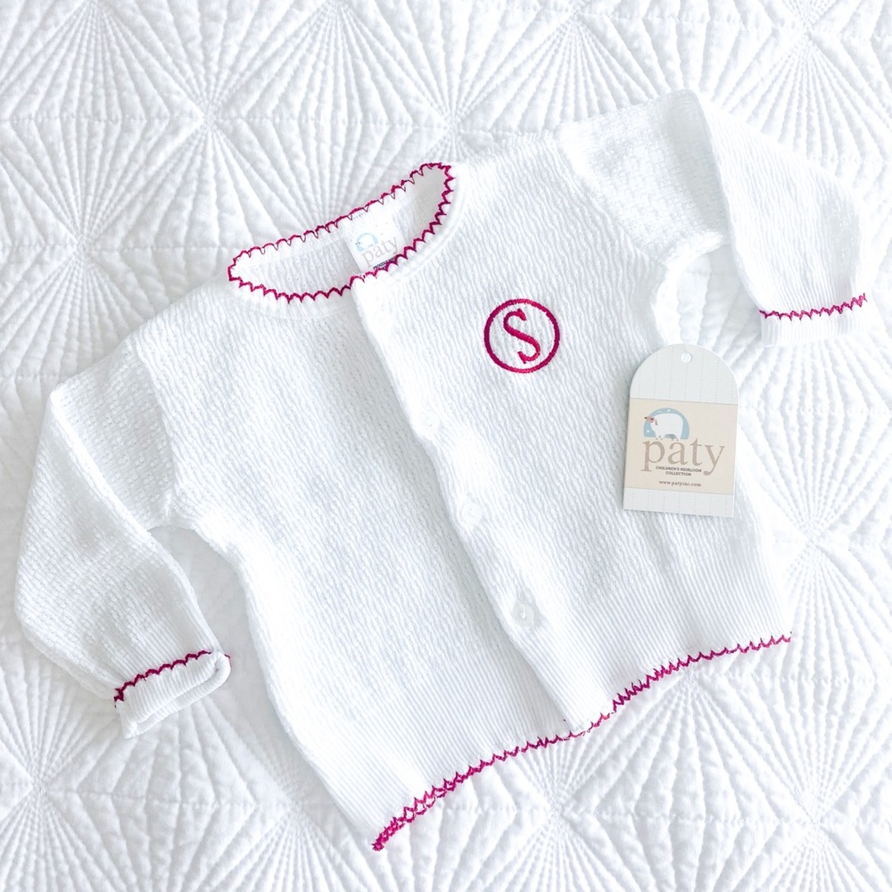 NWT Paty Red Scallop •S• Monogram Button Sweater